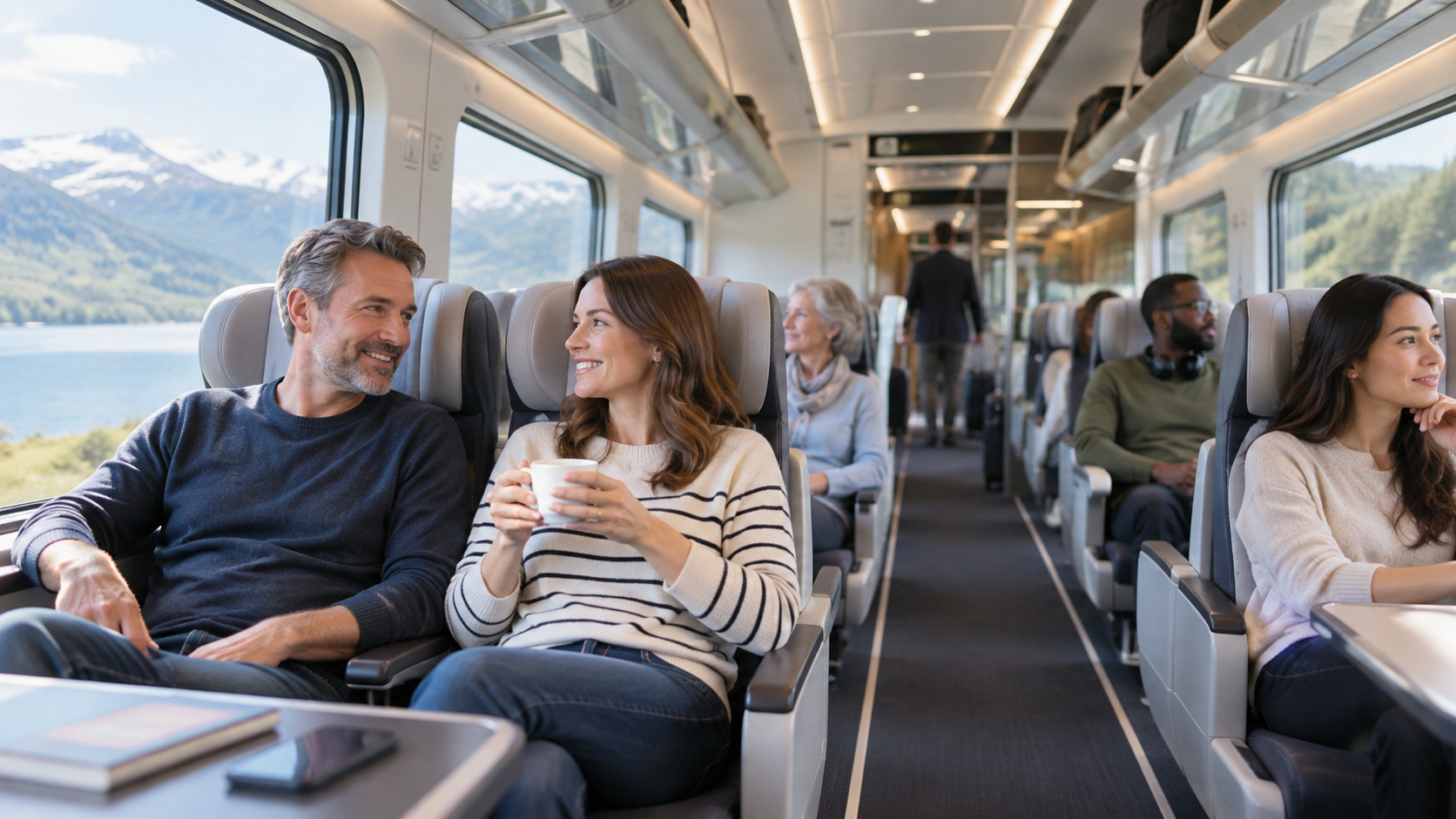 Passengers seated comfortably inside a modern train